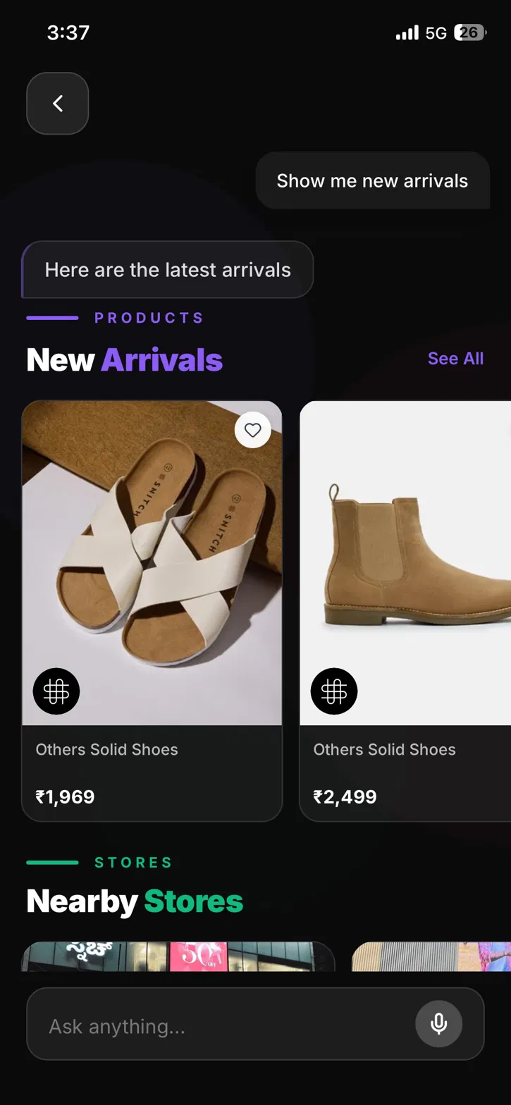 The UONEX app answering "show me new arrivals" with pieces and the nearby shops that have them